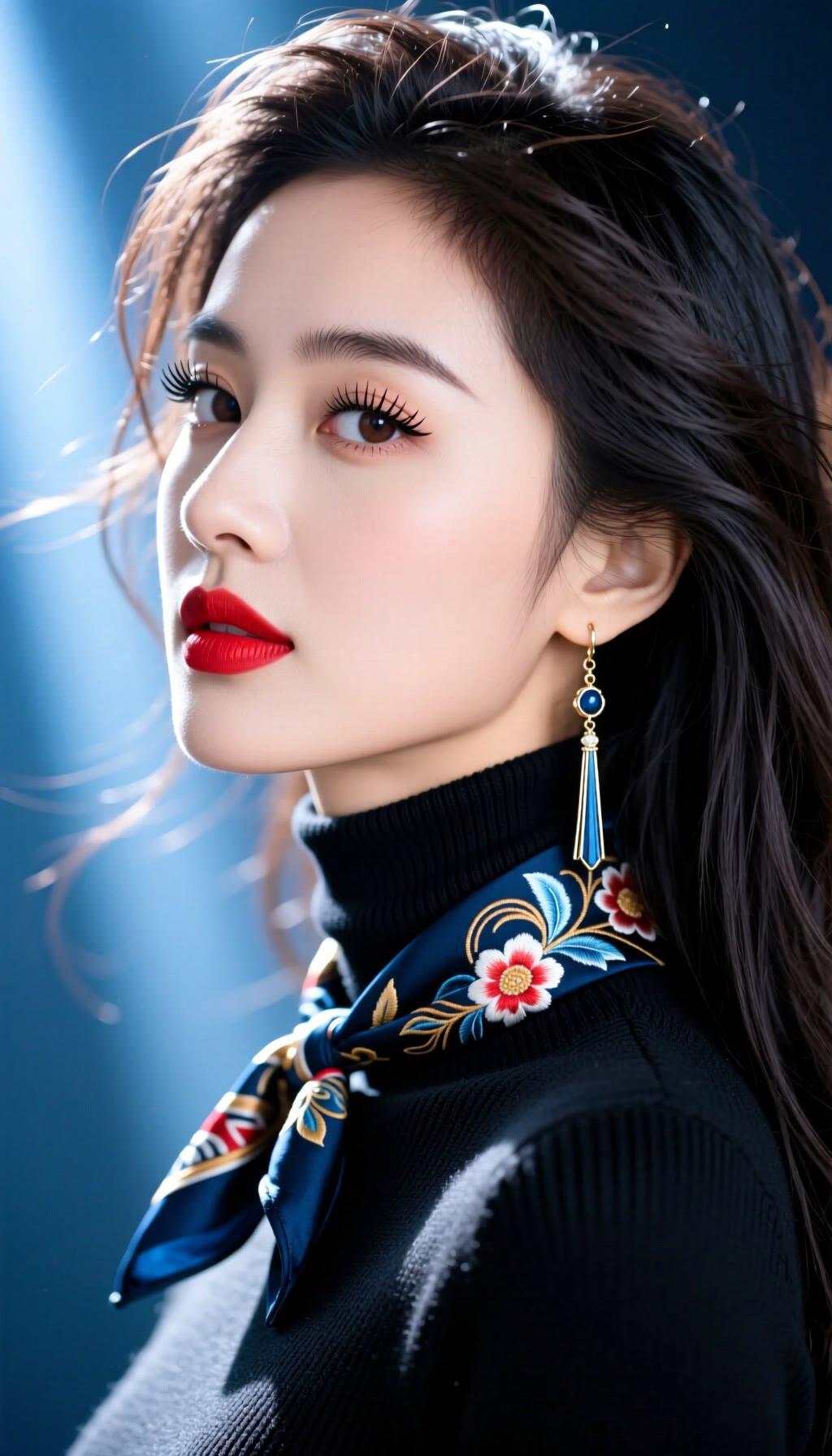 惊艳的红唇与蓝花丝巾，优雅气质尽显！