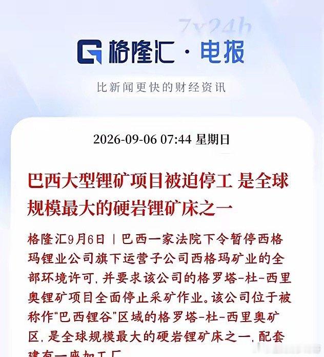 锂矿重大利好消息，全球顶级锂矿停产巴西格罗塔‑杜‑西里奥锂矿，属于全球数一数二的