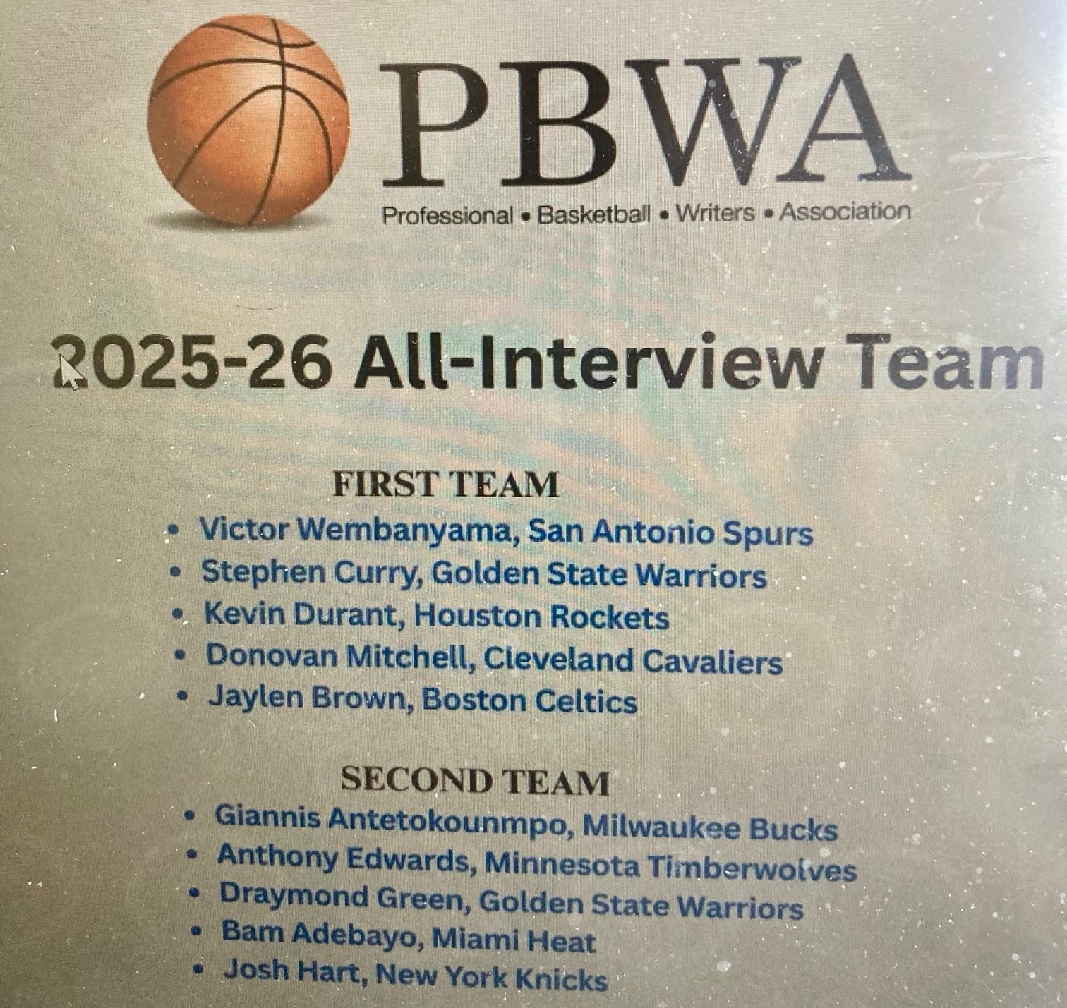 最佳阵容来了！！美国职业篮球记者协会公布2025-26赛季「最佳采访阵容名单」：