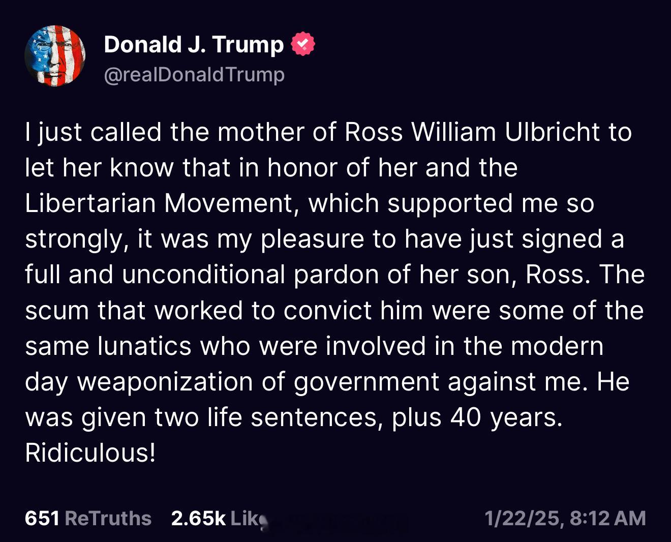 川普赦免Ross Ulbricht。 