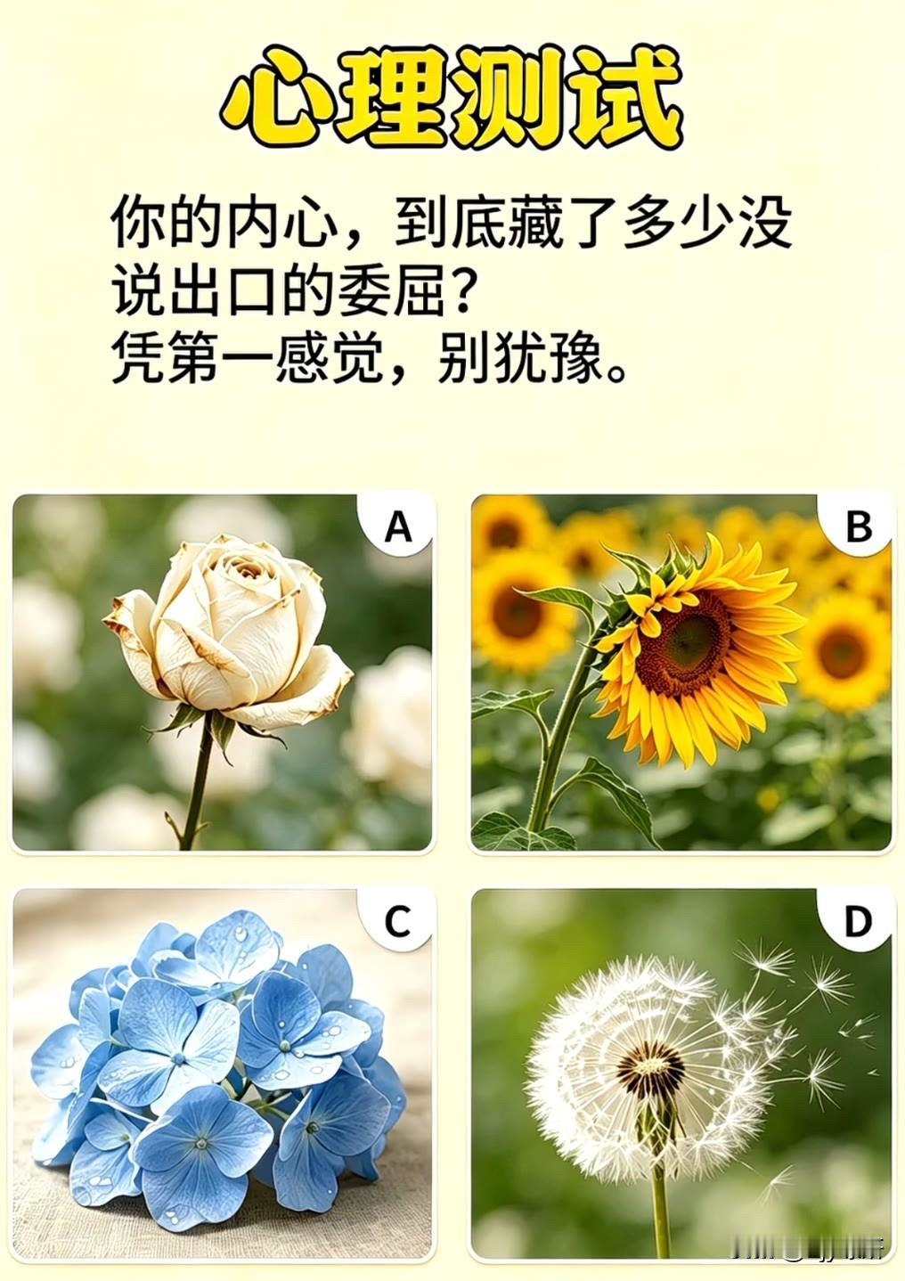 你的内心，到底藏了多少没说出口的委屈?
凭第一感觉，别犹豫。