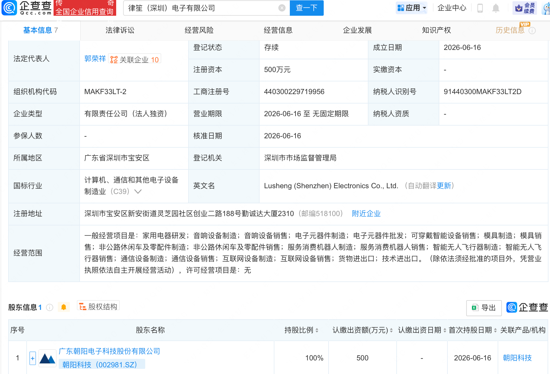 朝阳科技成立新公司，含无人飞行器业务