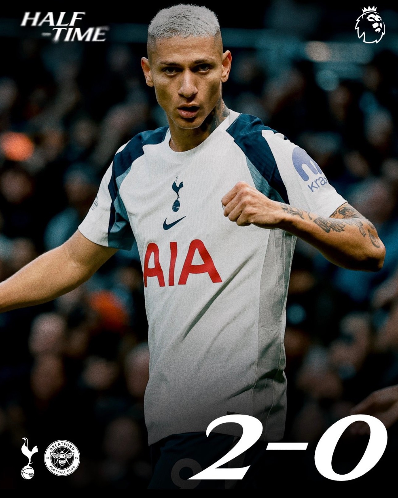 上半场结束热刺2-0主场领先布伦特福德，西蒙斯一球一助！xG: 1.29-0.0