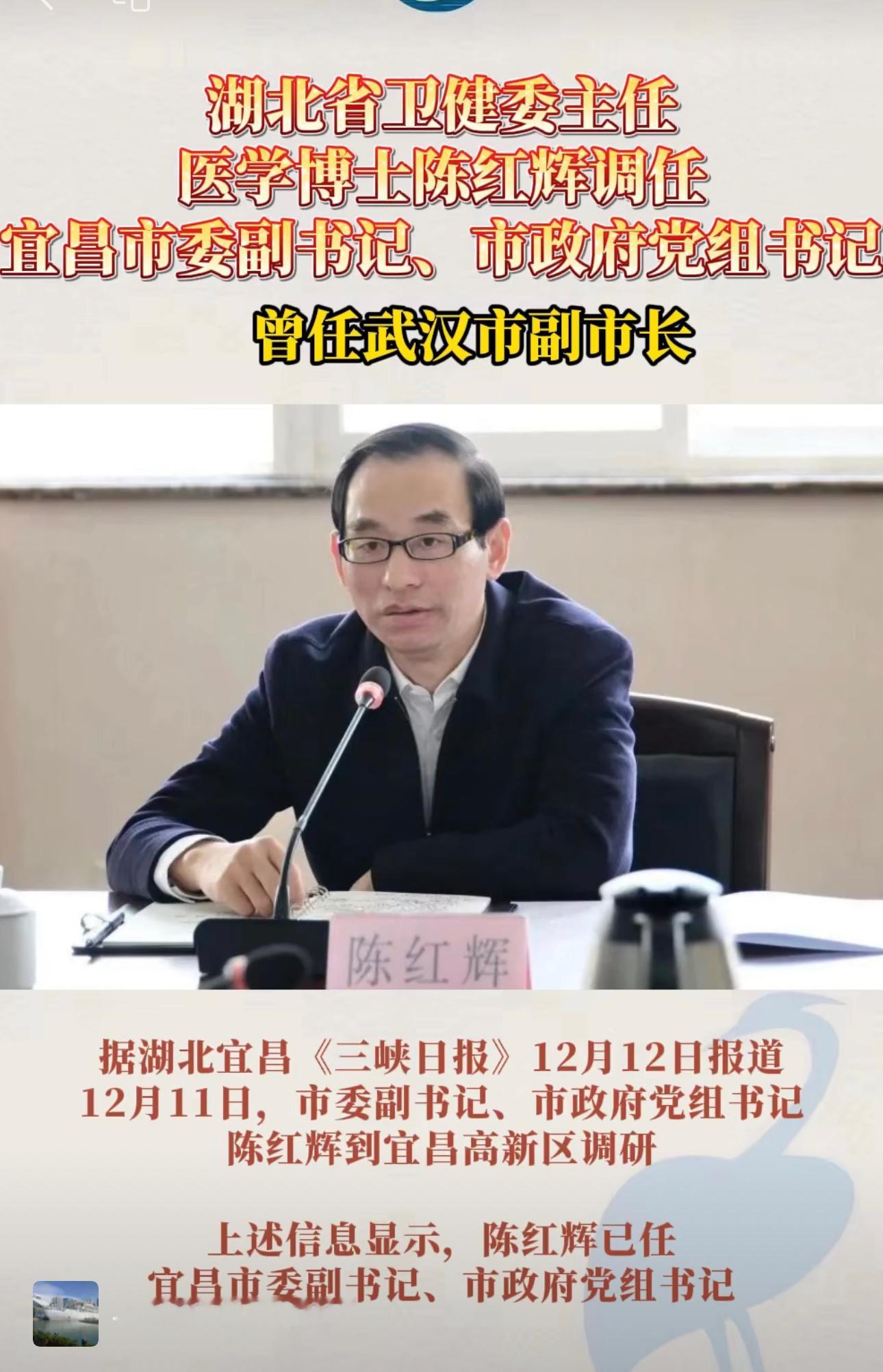 湖北省卫健委主任陈红辉调任宜昌市委副书记湖南岳阳人 