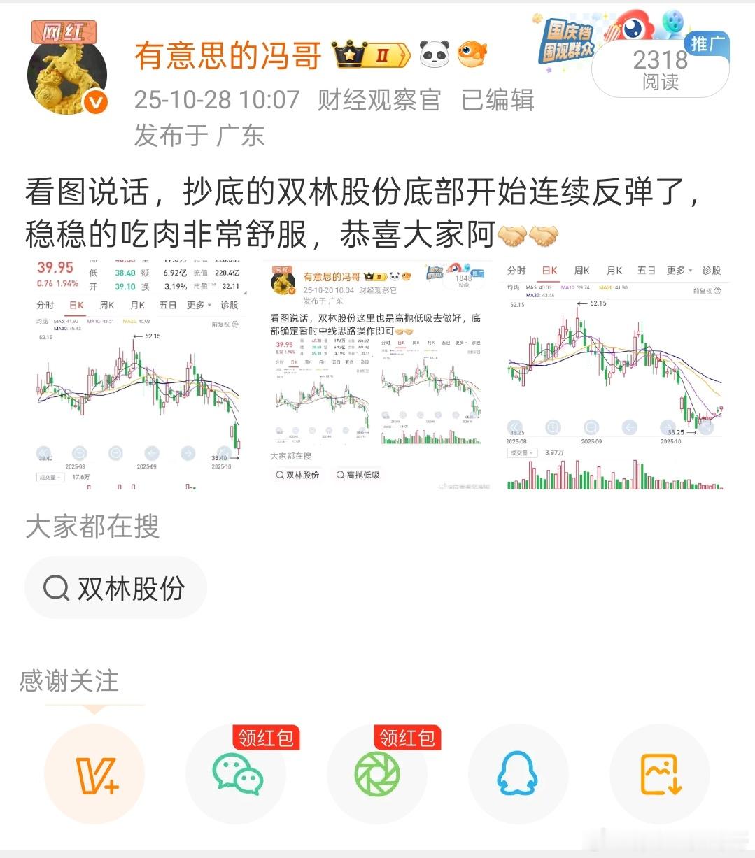 看图说话，双林股份底部也是持续震荡反弹，依然高抛低吸中线思路去执行好即可，恭喜大