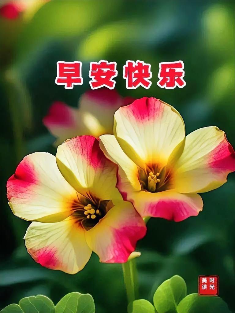 早安快乐！花儿笑开颜，把好心情都染上啦！好心情装进晨光里，今天也要闪闪发光呀～