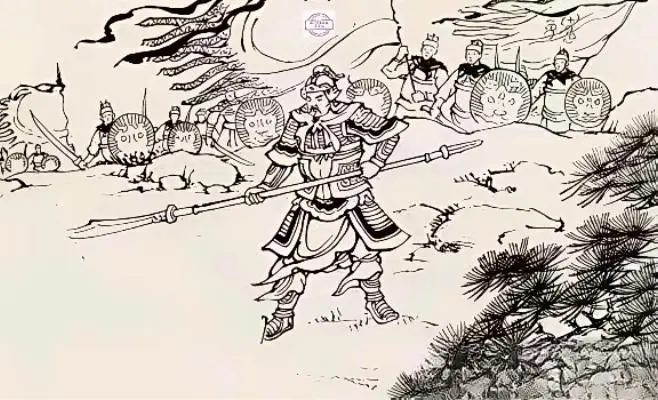 “站住，举起手来！”山坡上，一队士兵雁翅排开，为首一员大将，顶盔贯甲罩...