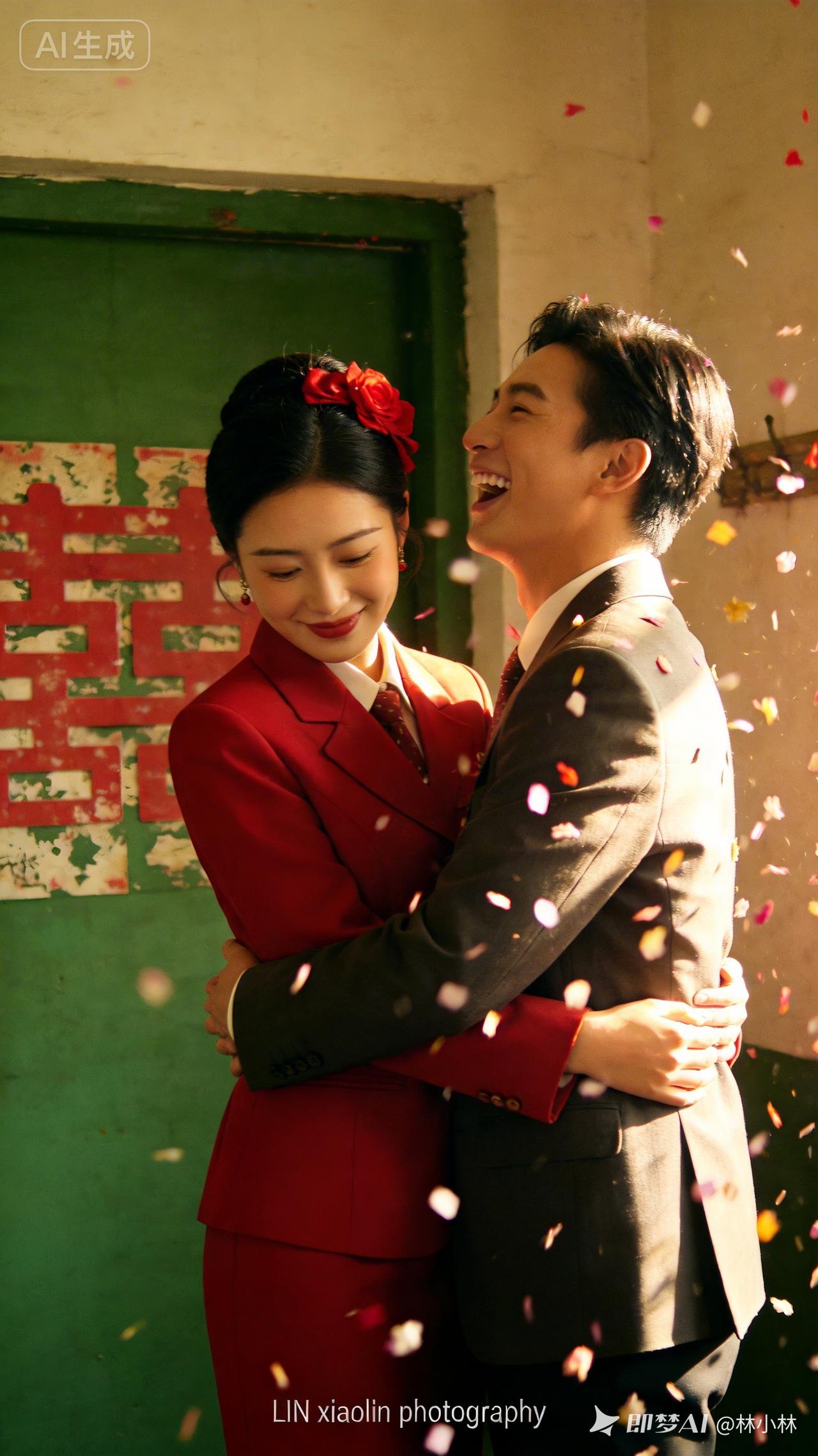 甜蜜的瞬间，红衣新娘与新郎的幸福拥抱，AI生成的浪漫瞬间。