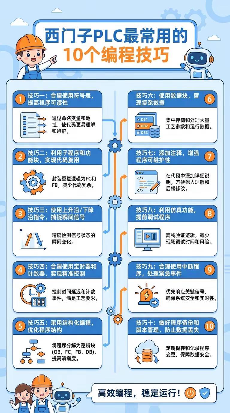西门子PLC10个实用编程技巧。1. 规范用符号表：把I/O、变量地址改为语义化