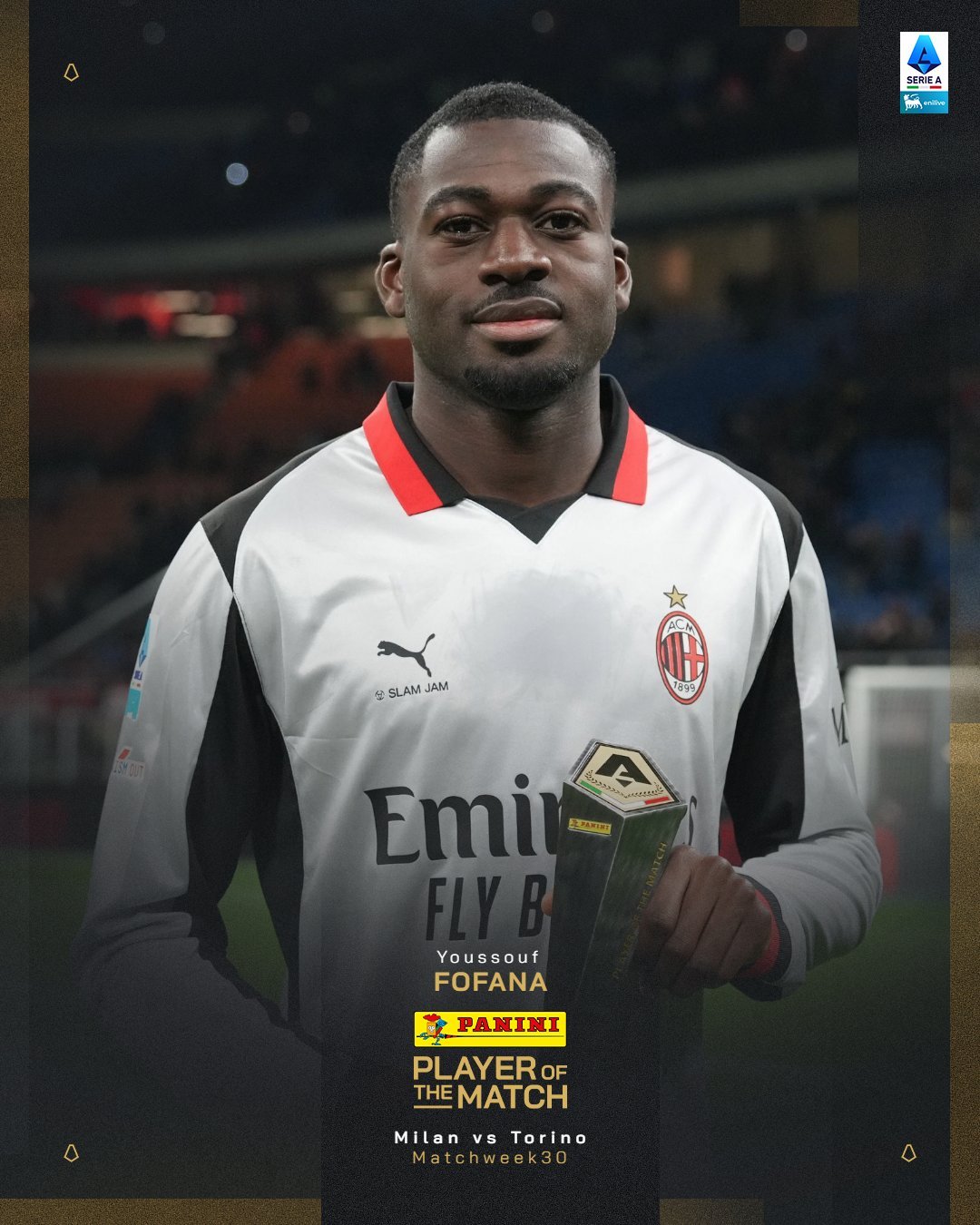 【官方】 AC米兰3比2都灵 🎖️ 福法纳🇫🇷当选本场比赛最佳球员。意甲联