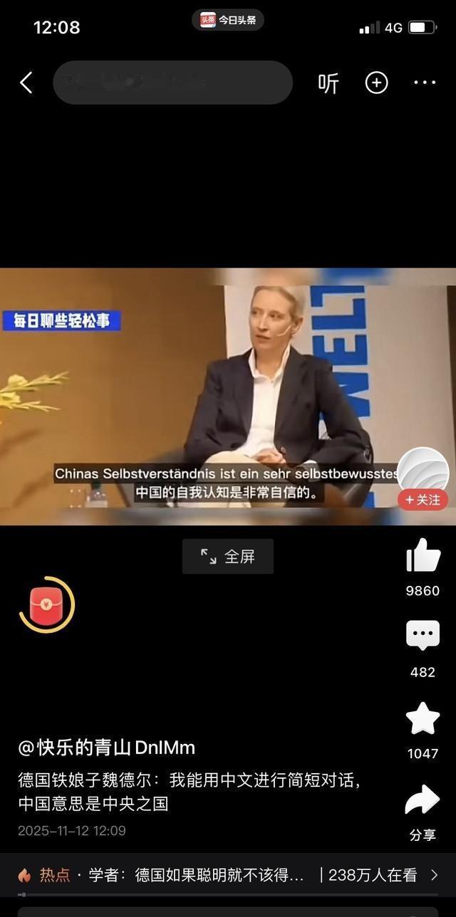 魏德尔发表演讲：中国人自信是有原因的，中国的意思就是“中央之国”！这才是准确意思