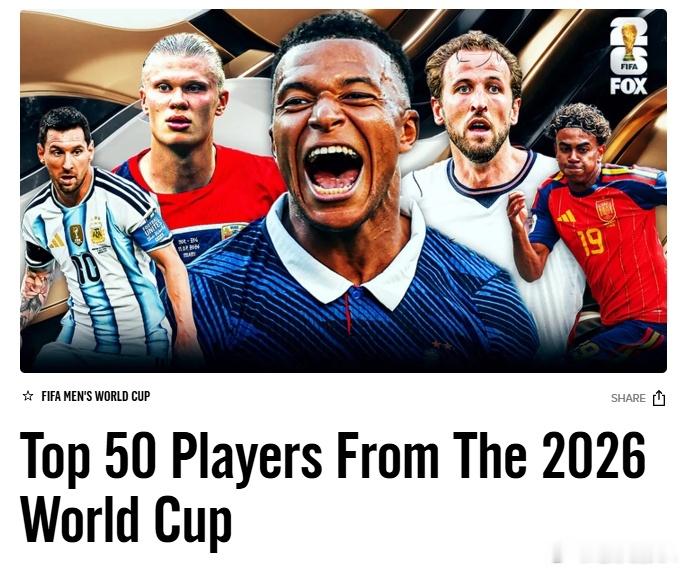 福克斯体育评出了世界杯TOP50球员。梅西第一，姆巴佩第二，凯恩第三，罗德里第7