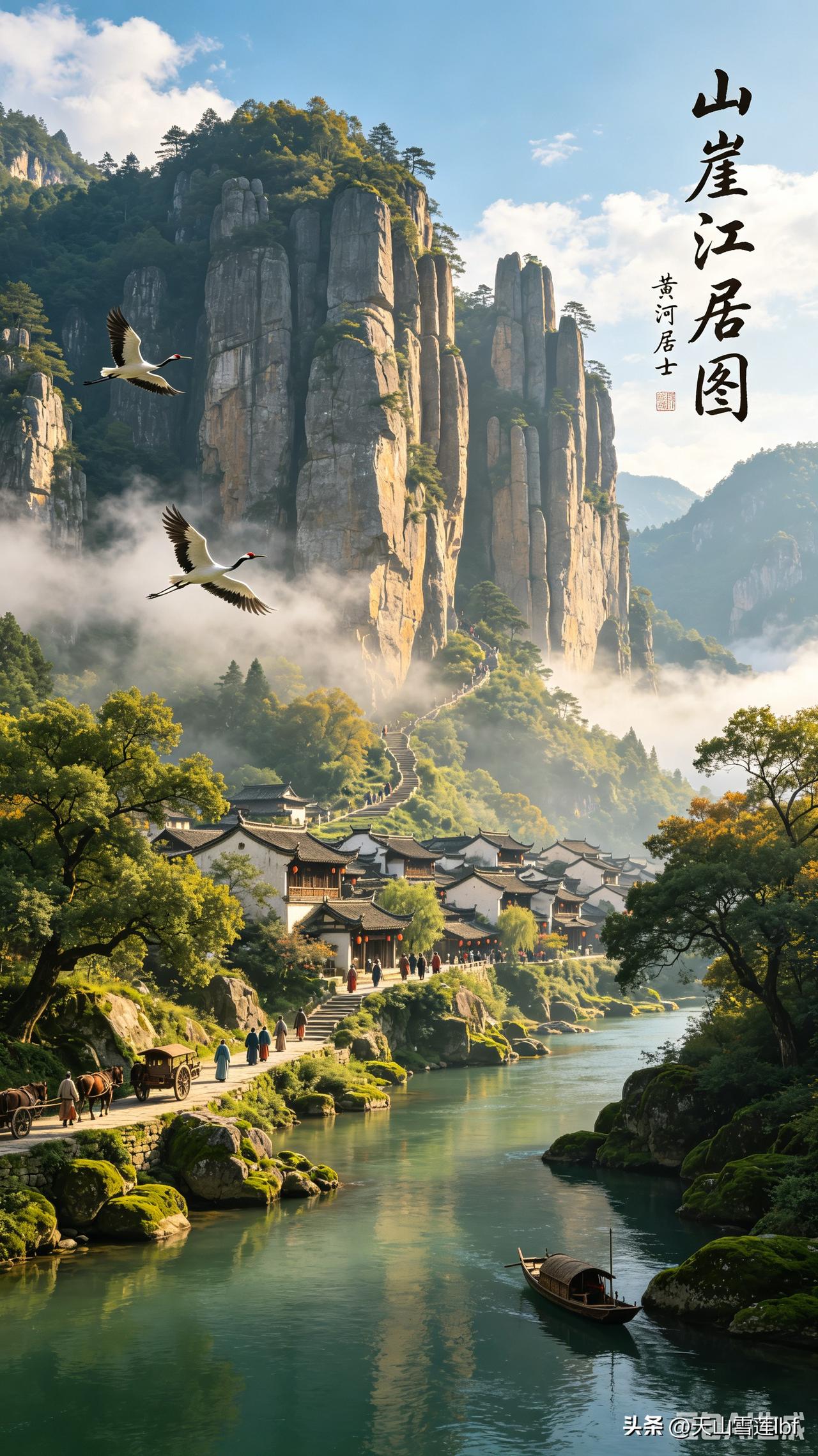 山崖江居图，世外桃源，人间仙境。
