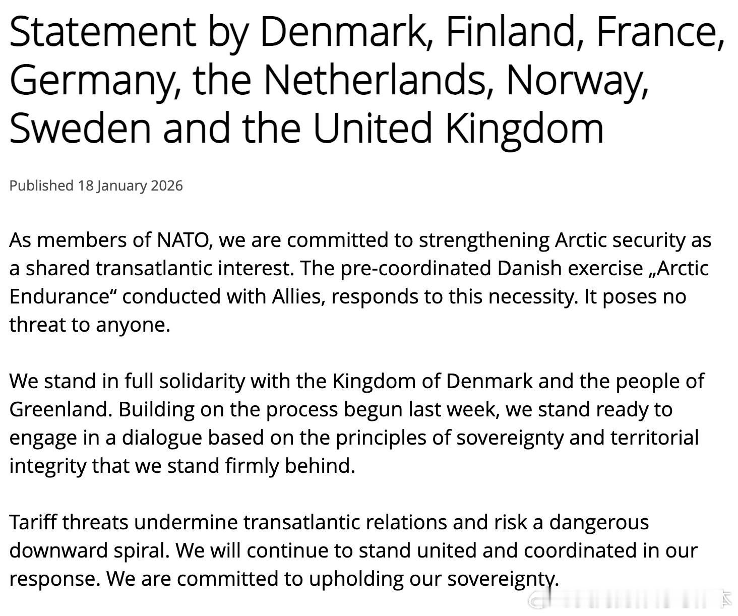 【黄金时代】丹麦、芬兰、法国、德国、荷兰、挪威、瑞典和英国表示，北极安全是共同的