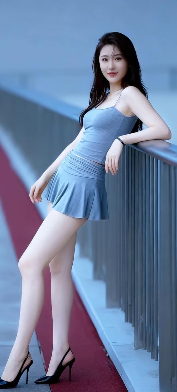 优雅气质，蓝裙飘逸，高跟鞋的诱惑