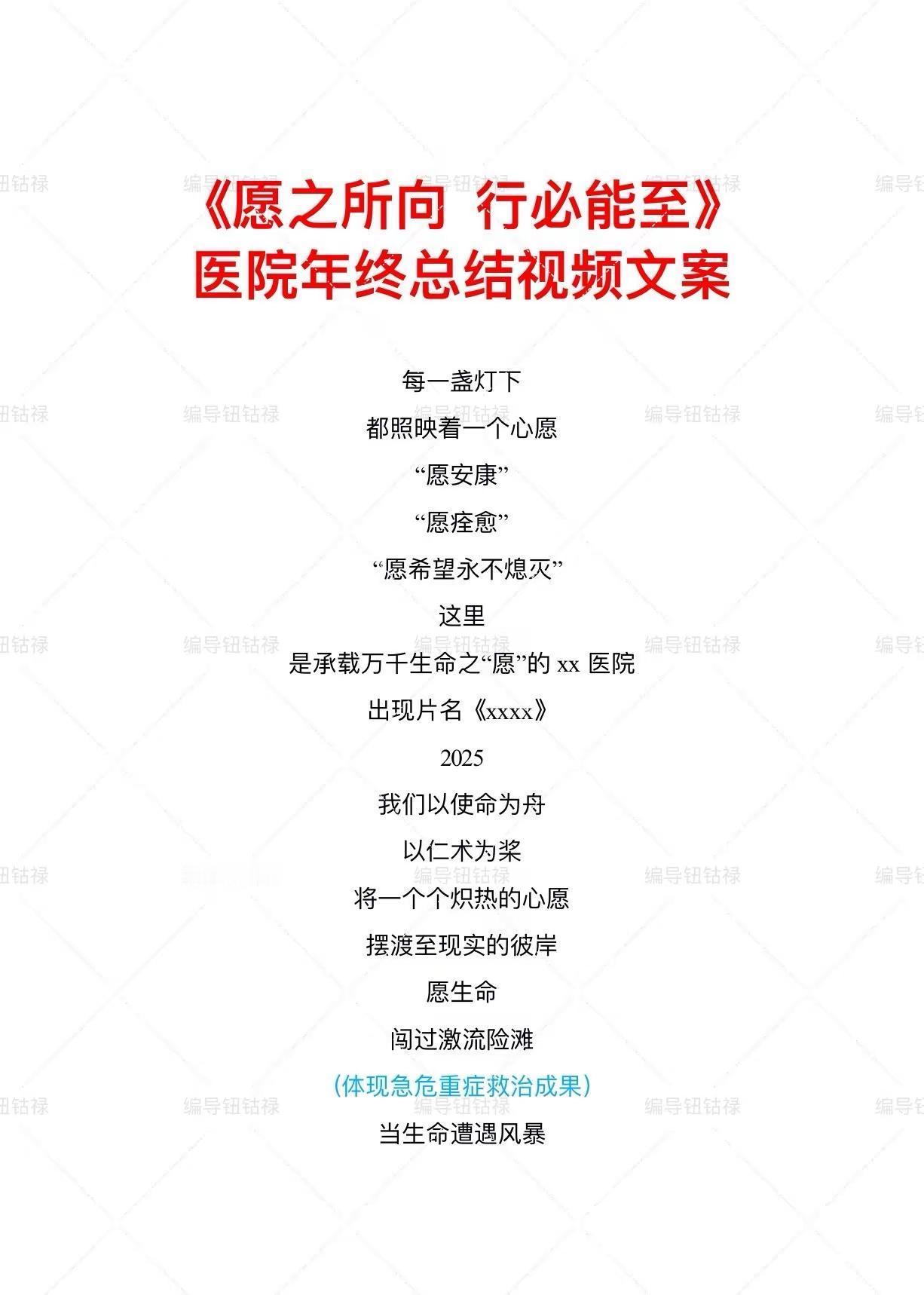 医院年度总结视频文案/旁白。视频以“守护生命心愿”为主线，先总结2025的工作内
