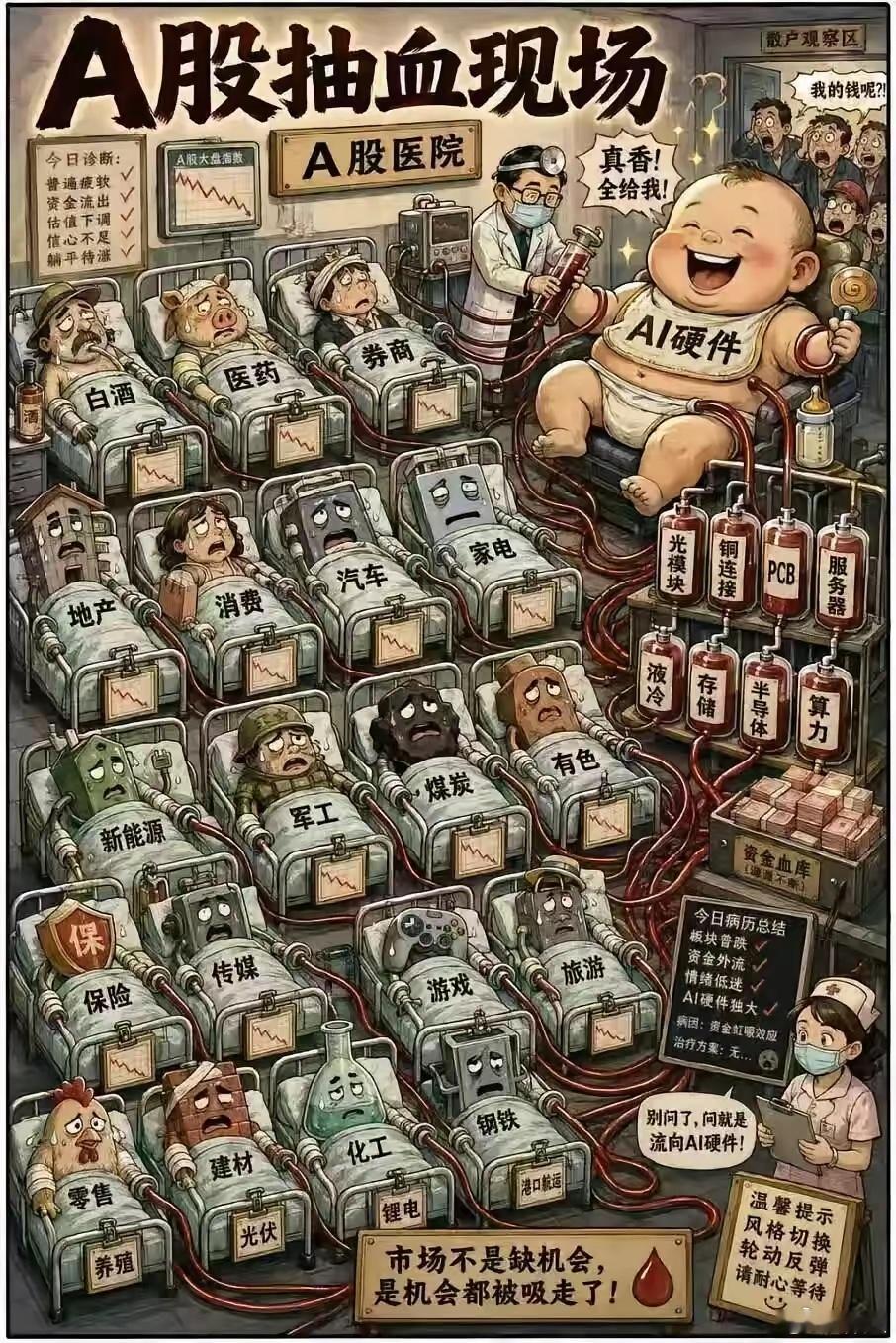 太形象了，AI硬件吸血巨婴，市场所有板块都坐以待毙、任人宰割。大金融已经揭竿而起