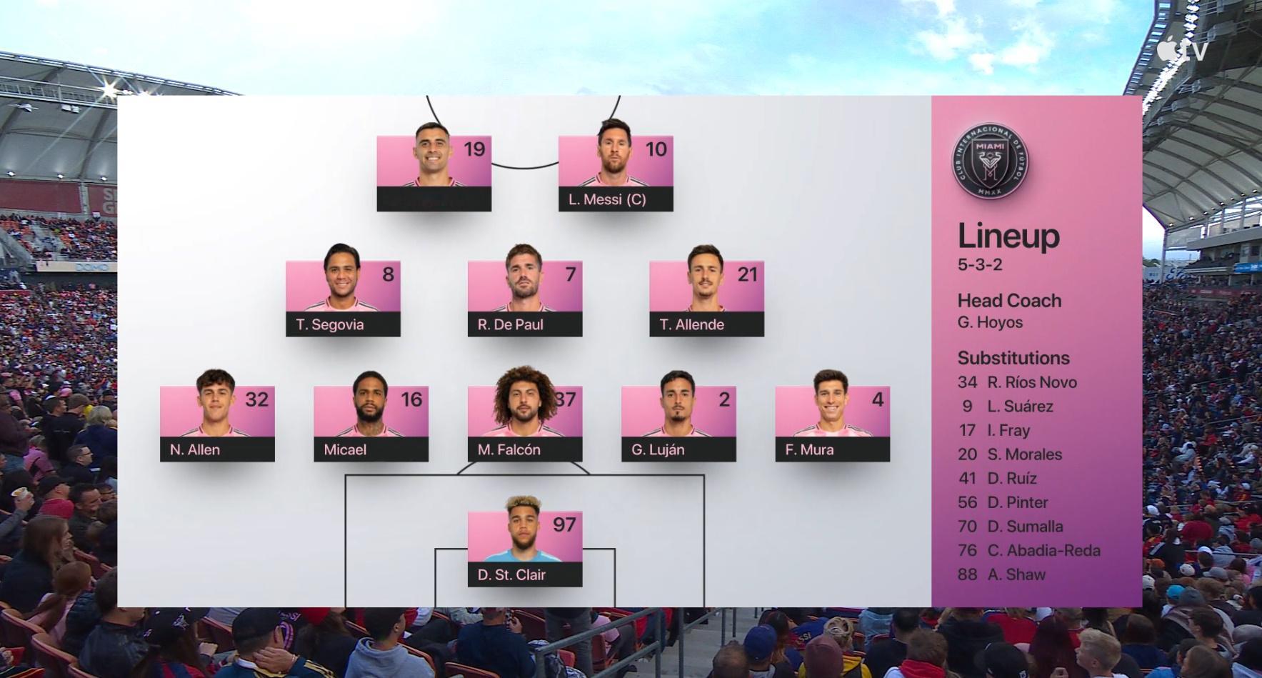 转播信号给的首发阵型是5-3-2皇家盐湖城vs迈阿密国际迈阿密国际