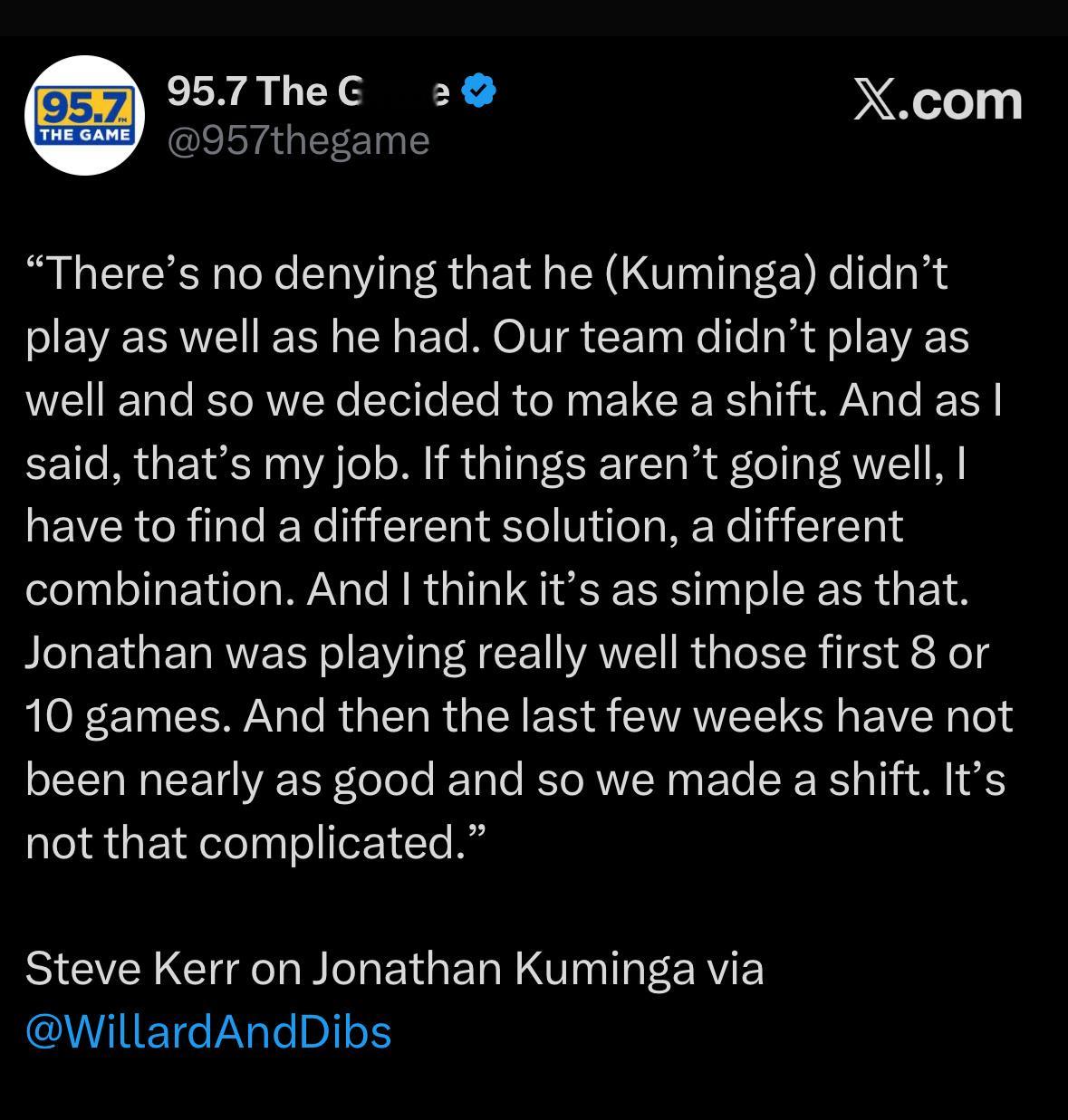 科尔做客湾区电台节目谈库明加dnp，话说得蛮重的“不可否认，库明加的表现没有之前