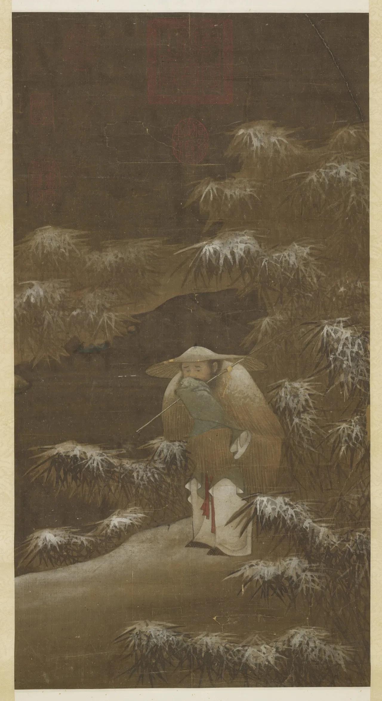 《雪渔图》


渔翁舟楫的题材往往为文人、画家所偏爱，雪中渔翁更能象征创作者的孤