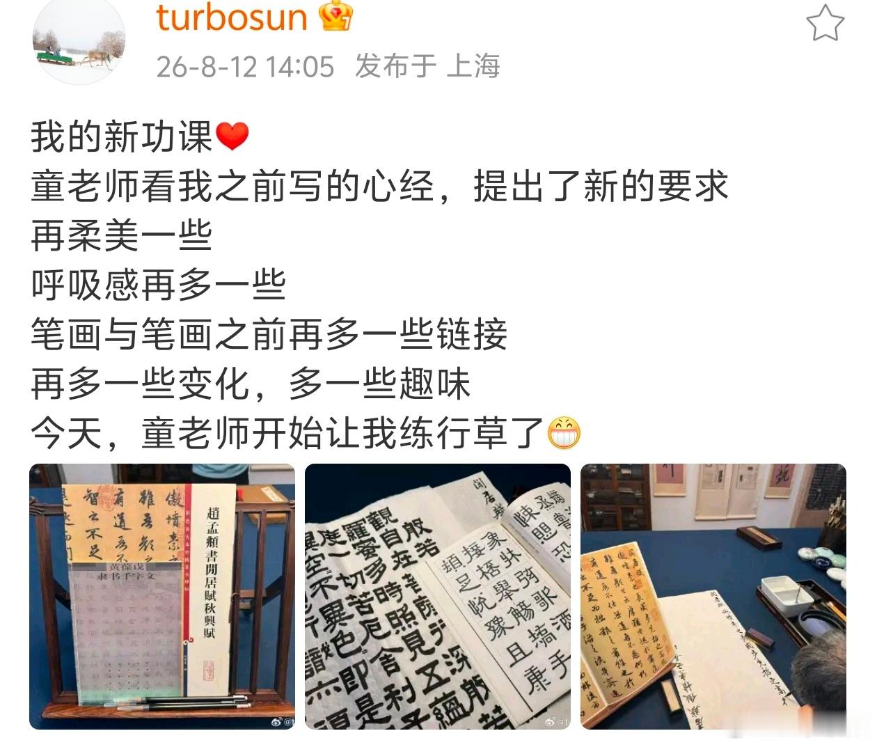 孙俪开始练行草孙俪从心经到行草，一笔一画里全是沉淀，连童老师提的要求都透着禅意—