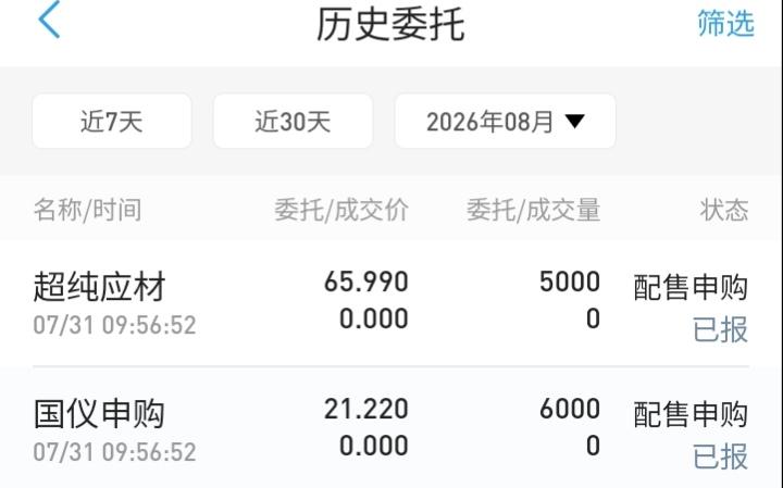 周五申购了两只新股，其中一只(国仪)的配号周末就出来了，另外一只(超纯应材)到现