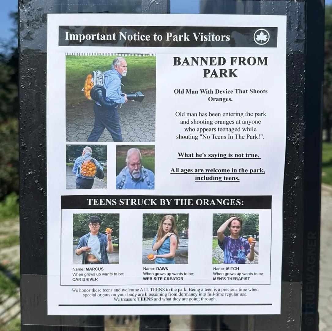 “No teens in the park” 美国纽约一老人向公园里的青少年发射