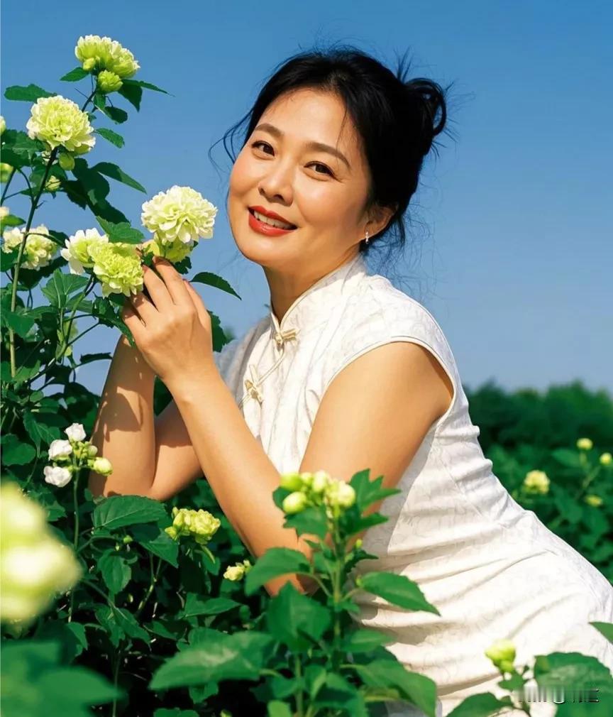 身穿白色旗袍的熟女，在夏日花海中的甜美笑容那身穿白色旗袍的熟女就站在花海之中，宛