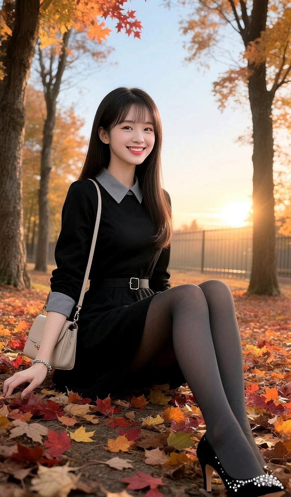 秋日暖阳下，甜美女孩与落叶共舞