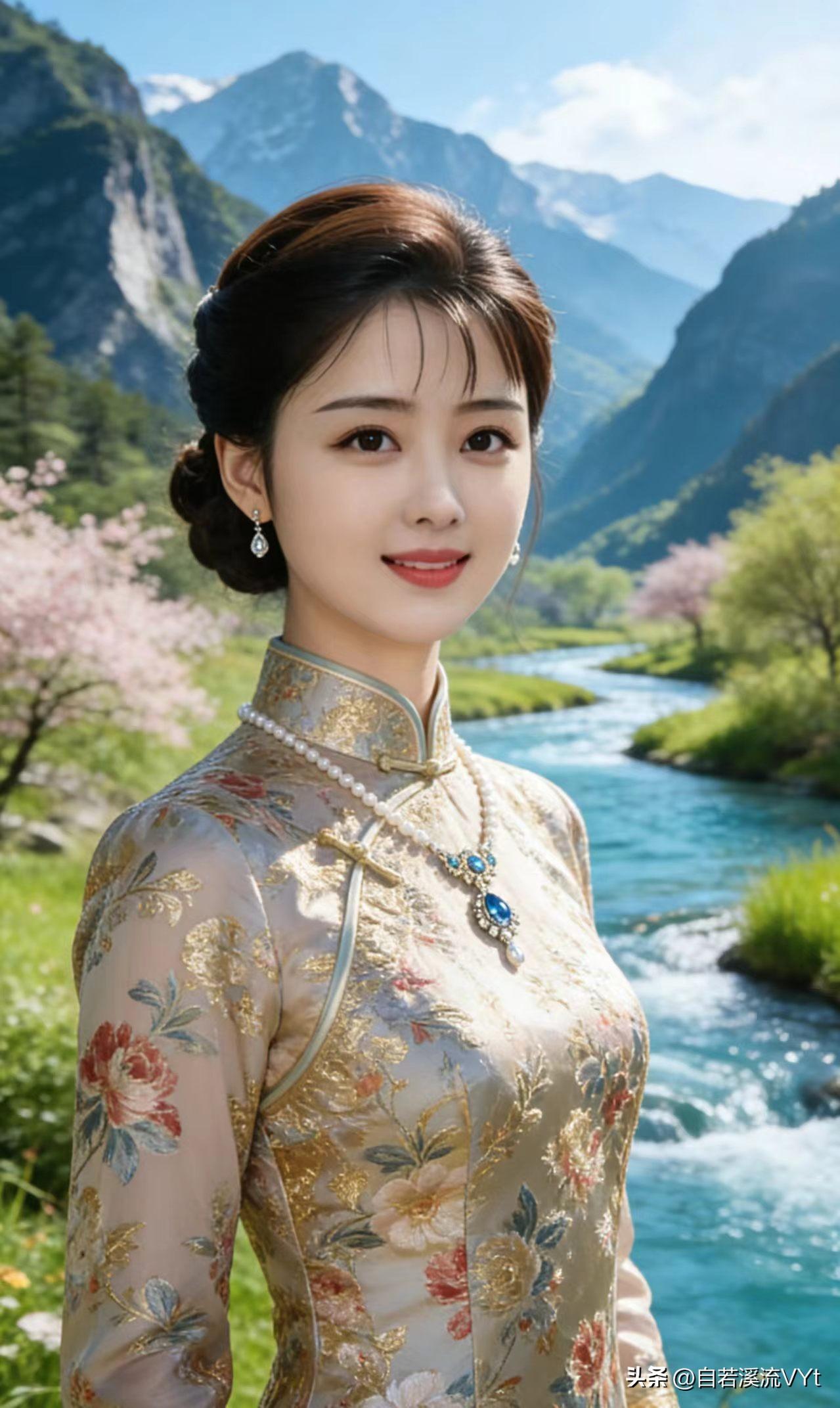 长相思·嫣然
 
山含光，水含光，
锦绣旗袍映晓妆。珠垂颈畔凉。
 
花影长，云