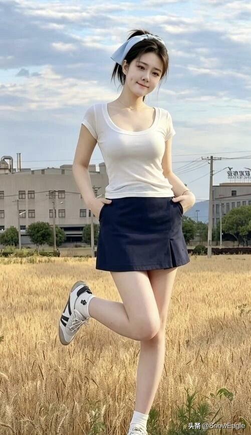 一个女孩穿着灰色连衣裙，坐在椅子上微笑。