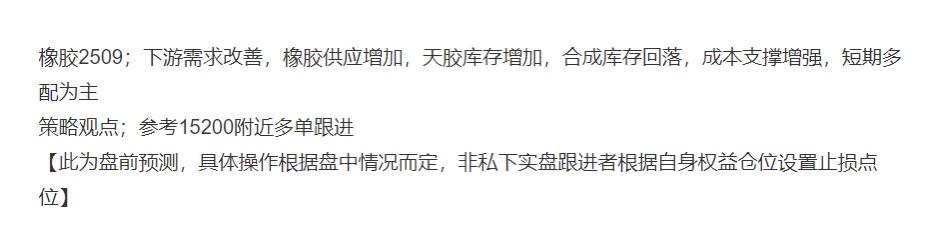 橡胶2509；盘面分享橡胶15200附近多单跟近，盘中虽未给到进场进场，但今日与
