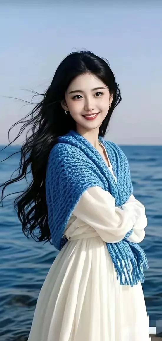 海边少女，微风轻拂，微笑如花