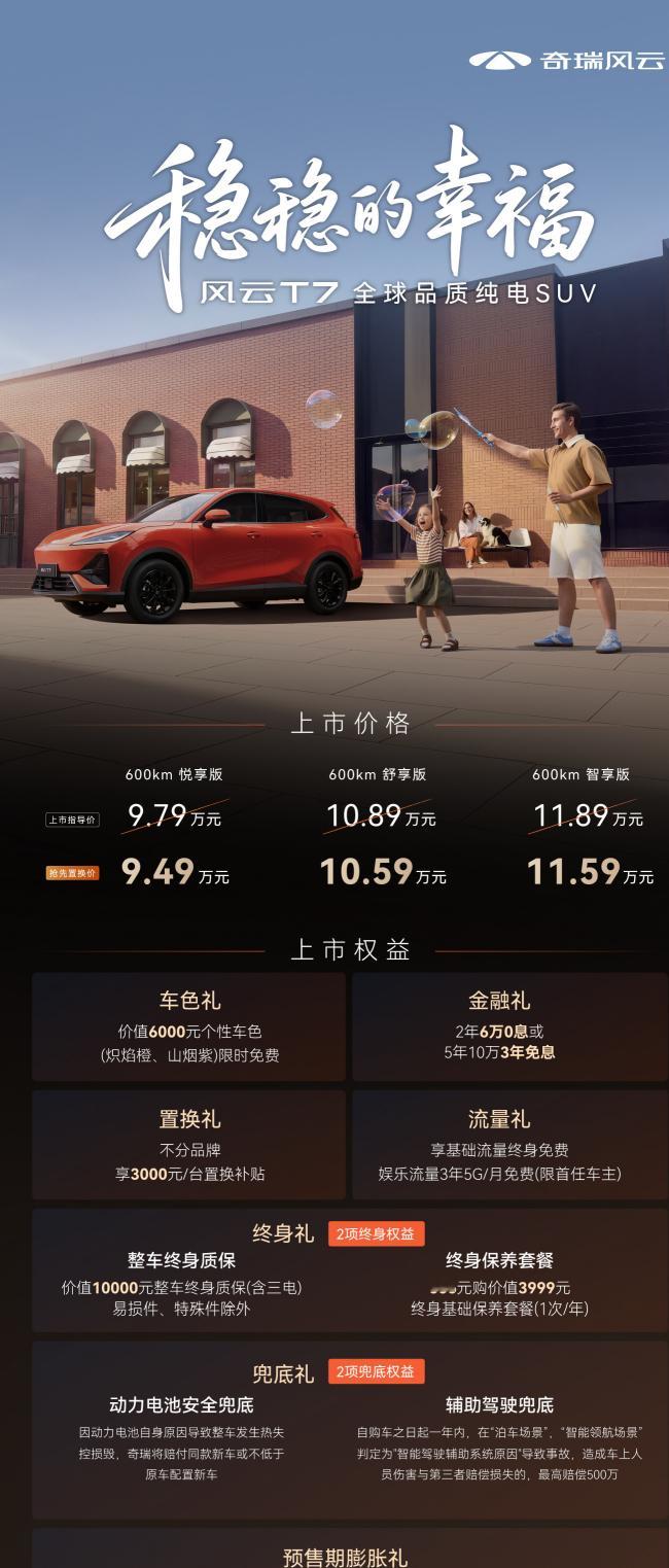 奇瑞风云 T7 上市，权益价格9.49 -11.59万，全系 600km 续航，