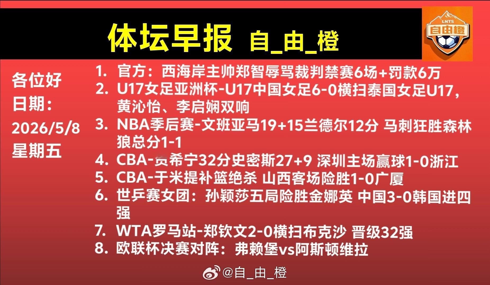 自由橙每日橙语体坛早晚报