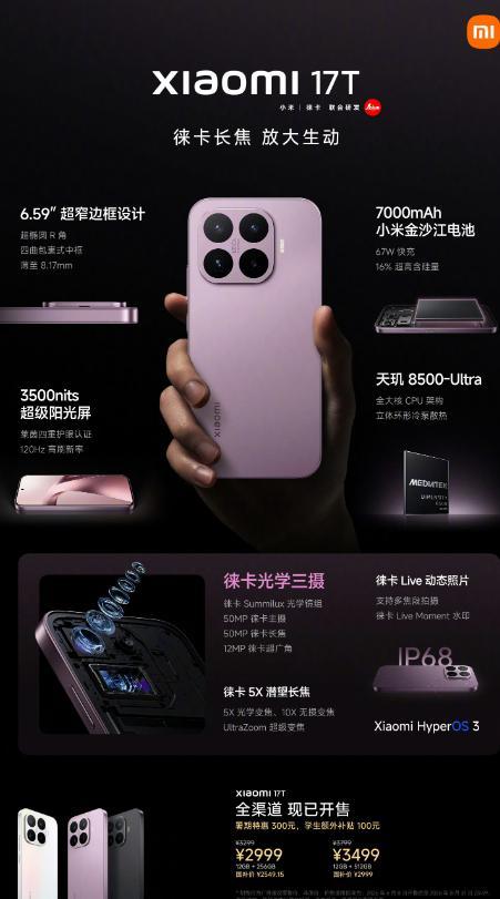 小米17T发布 这次小米 17T带来了标准版和Pro版，特惠价2999元起。首先