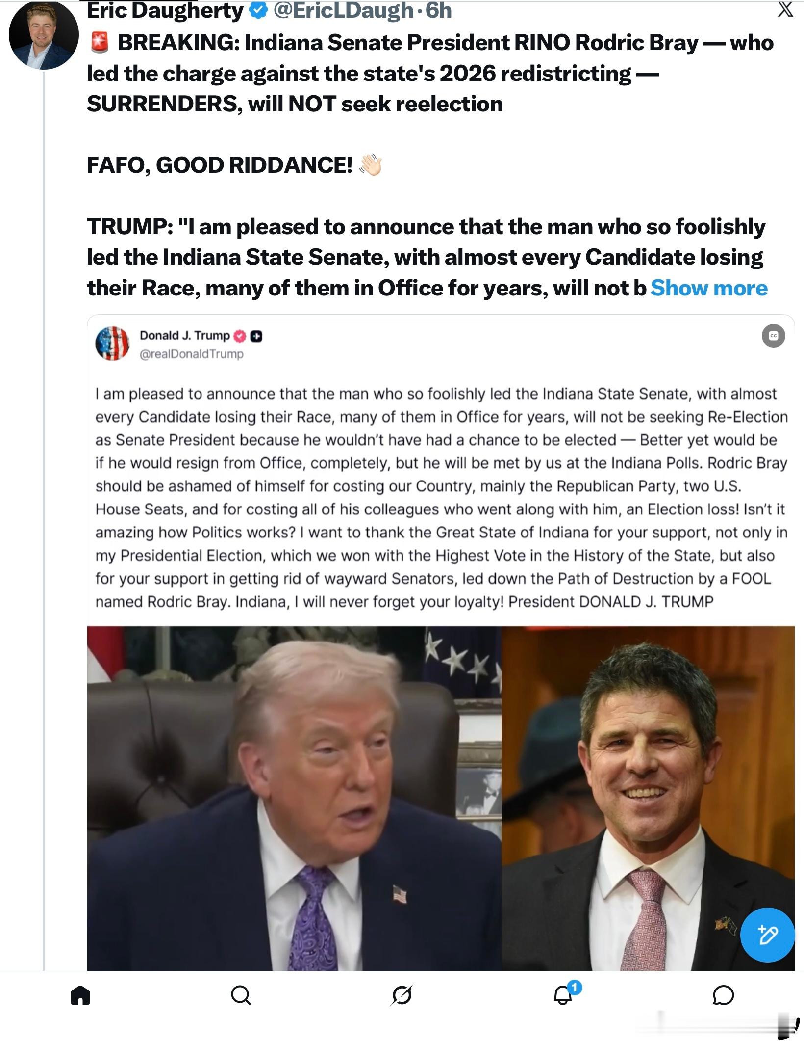 被視為RINO的印第安納州參議院議長羅德里克·佈雷（Rodric Bray）——