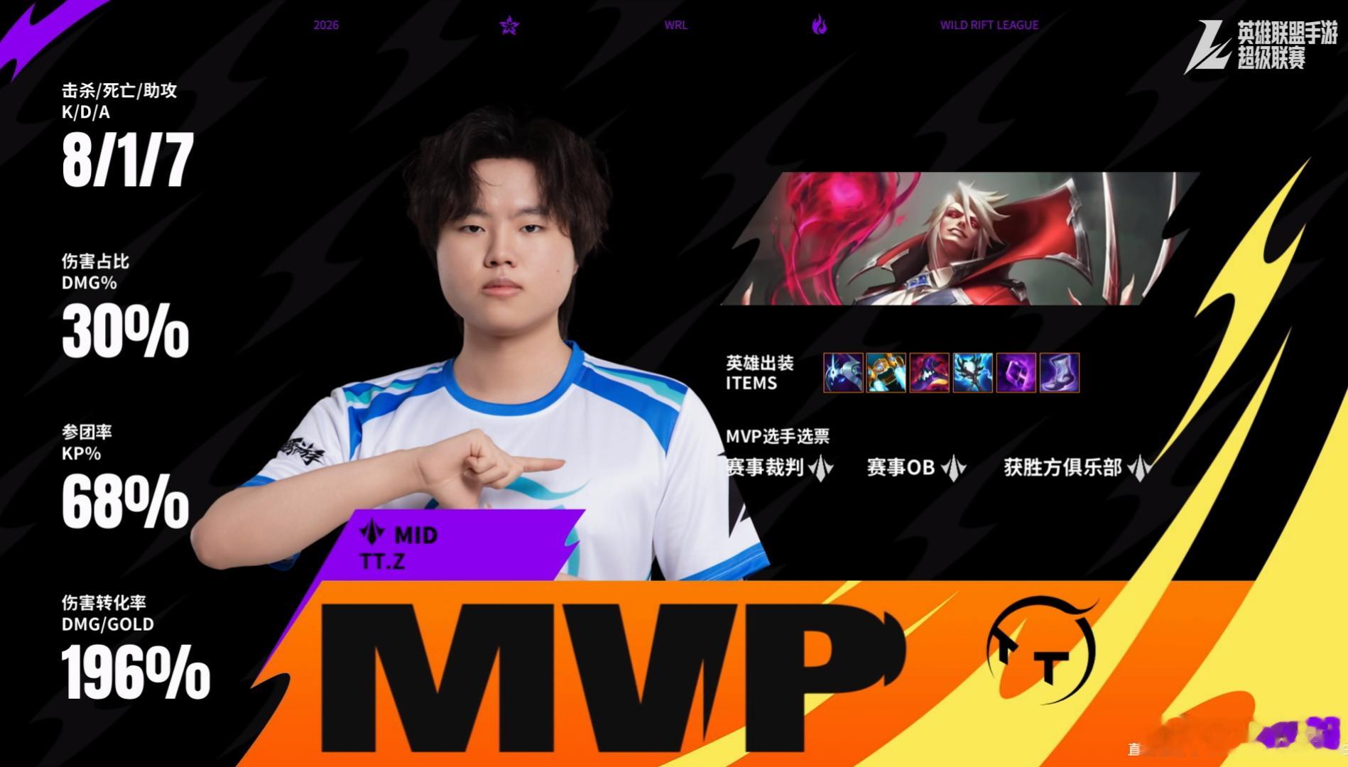 【2026WRL秋季赛 TT 2‑0 WHG】干脆利落，零封取胜！本局MVP：T
