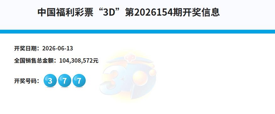 中国福利彩票“3D”第2026154期开奖信息：377，结果我买的是777，上一
