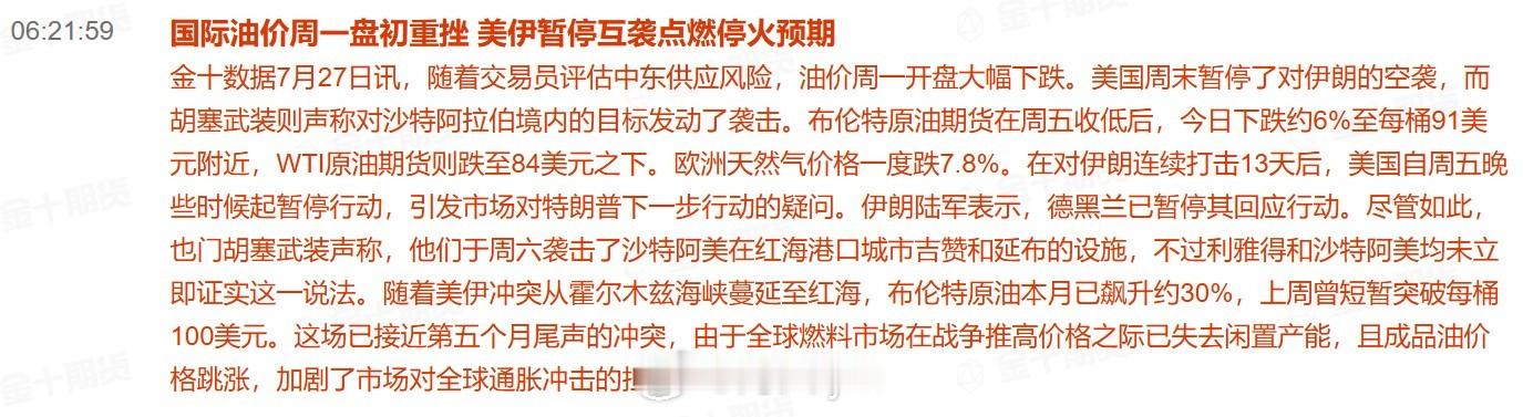 国际油价周一盘初重挫 美伊暂停互袭点燃停火预期随着交易员评估中东供应风险，油价周