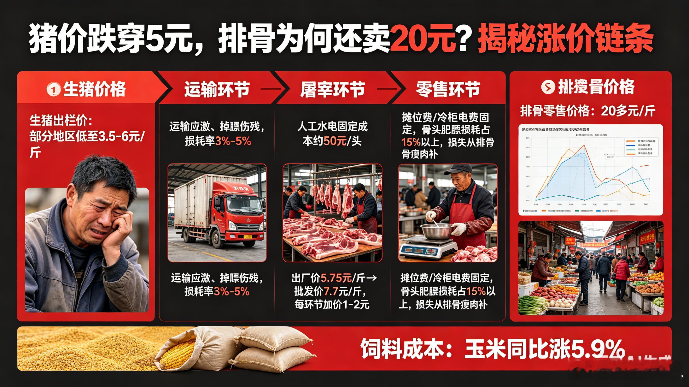 猪价跌穿5元排骨为何还20元揭秘一头猪的涨价链条生猪跌到4块多一斤，排骨凭啥还卖