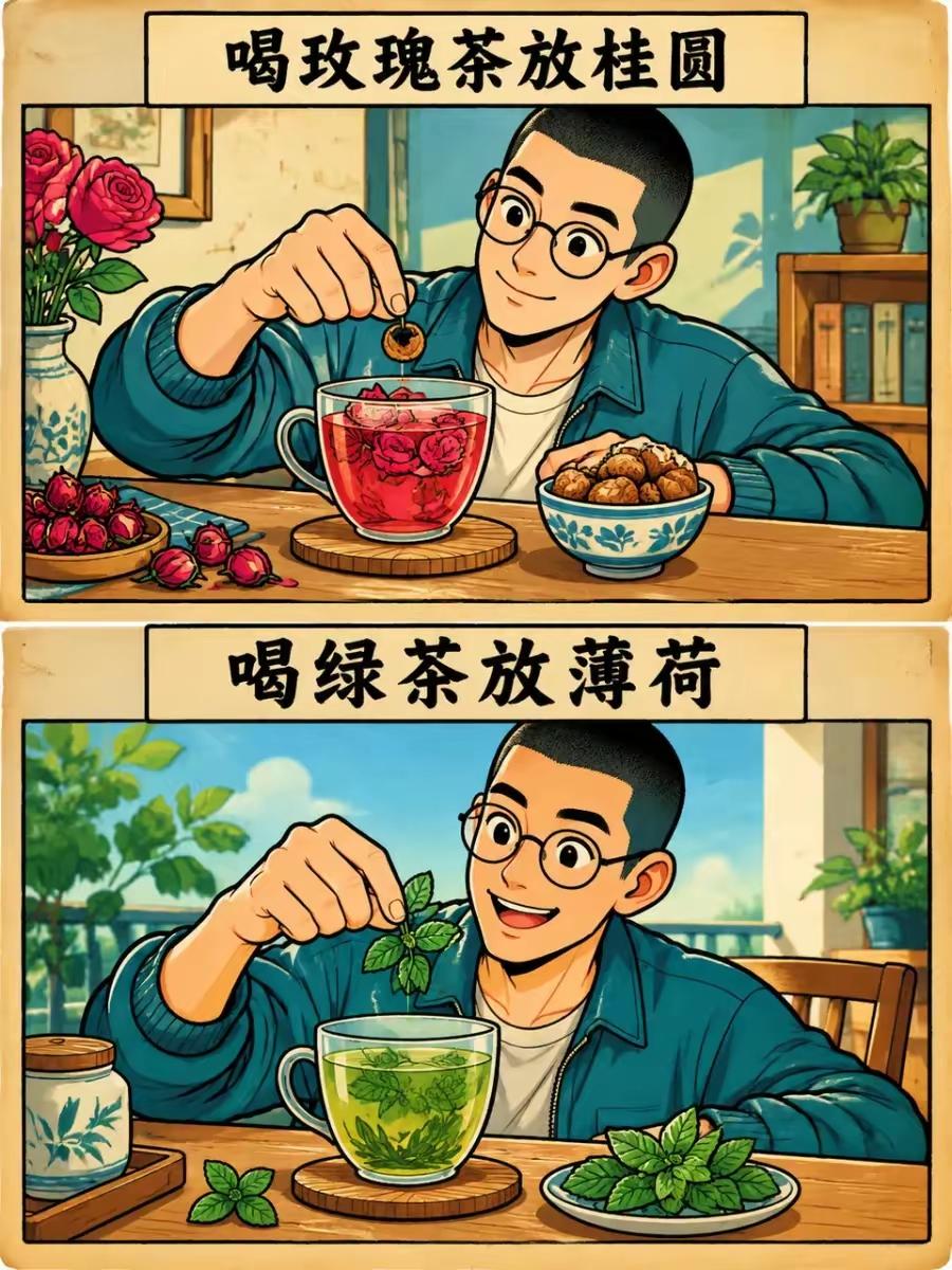 喝茶妙招
喝茶加小料，口感倍增。你都知道？
  喝绿茶放薄荷，喝玫瑰茶放桂圆。