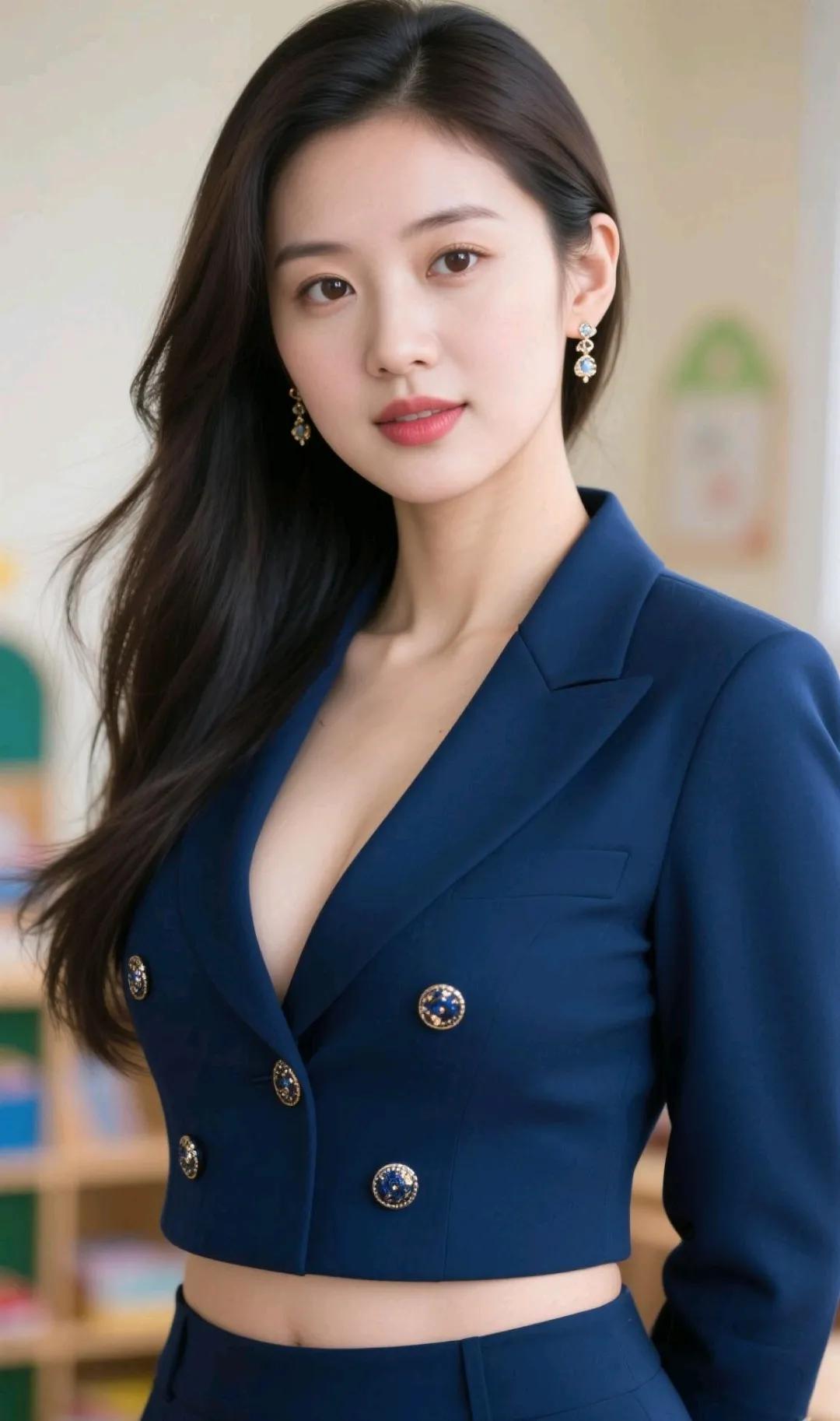 优雅蓝调职场风，精致耳环点缀，尽显女性魅力！
