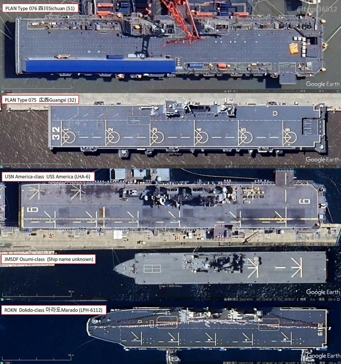 全球两栖攻击舰一览烽火问鼎计划 1. 中国：076型两栖攻击舰，50000吨，配