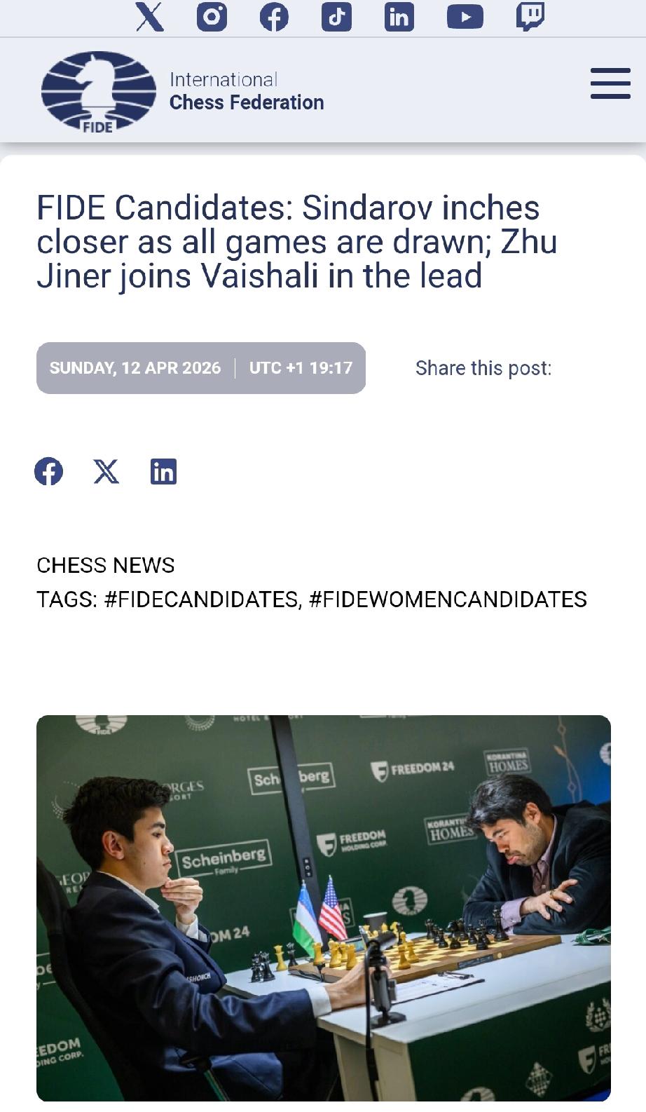 4月12日，2026年国象世界冠军候选人赛战罢第12轮，朱锦尔、谭中怡分别击败瓦