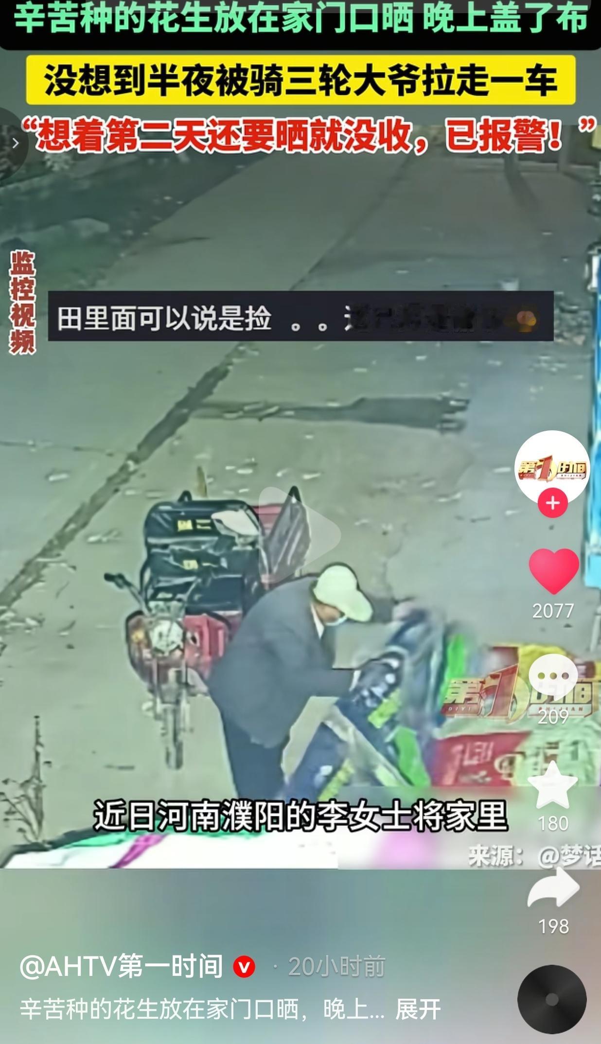 近日，在河南濮阳，李女士家忙活一整个季节，收上来一大片花生。白天摊在家门口的路面