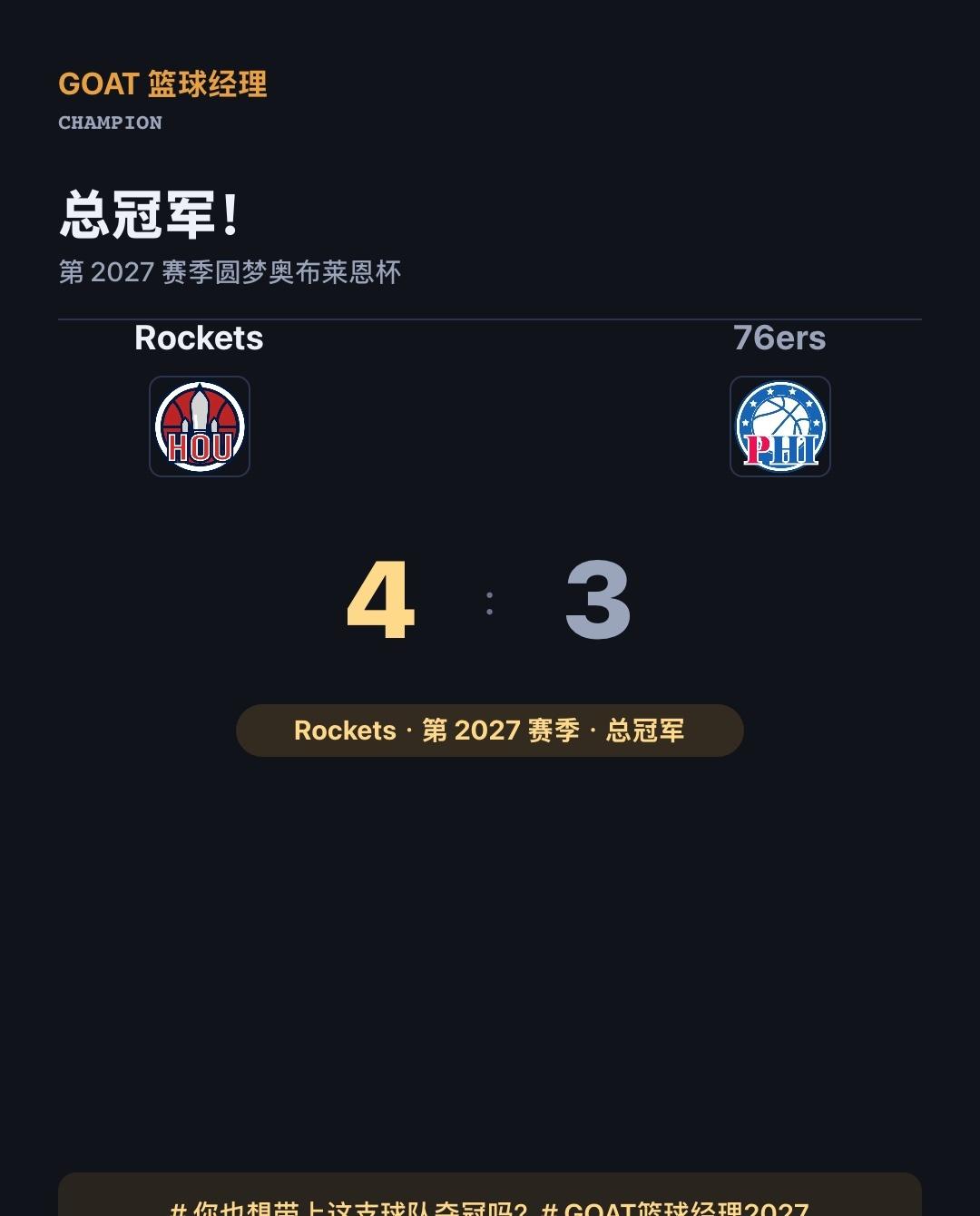从建队到捧杯，Rockets 的总冠军之路
第 2027 赛季，我执教的 Roc