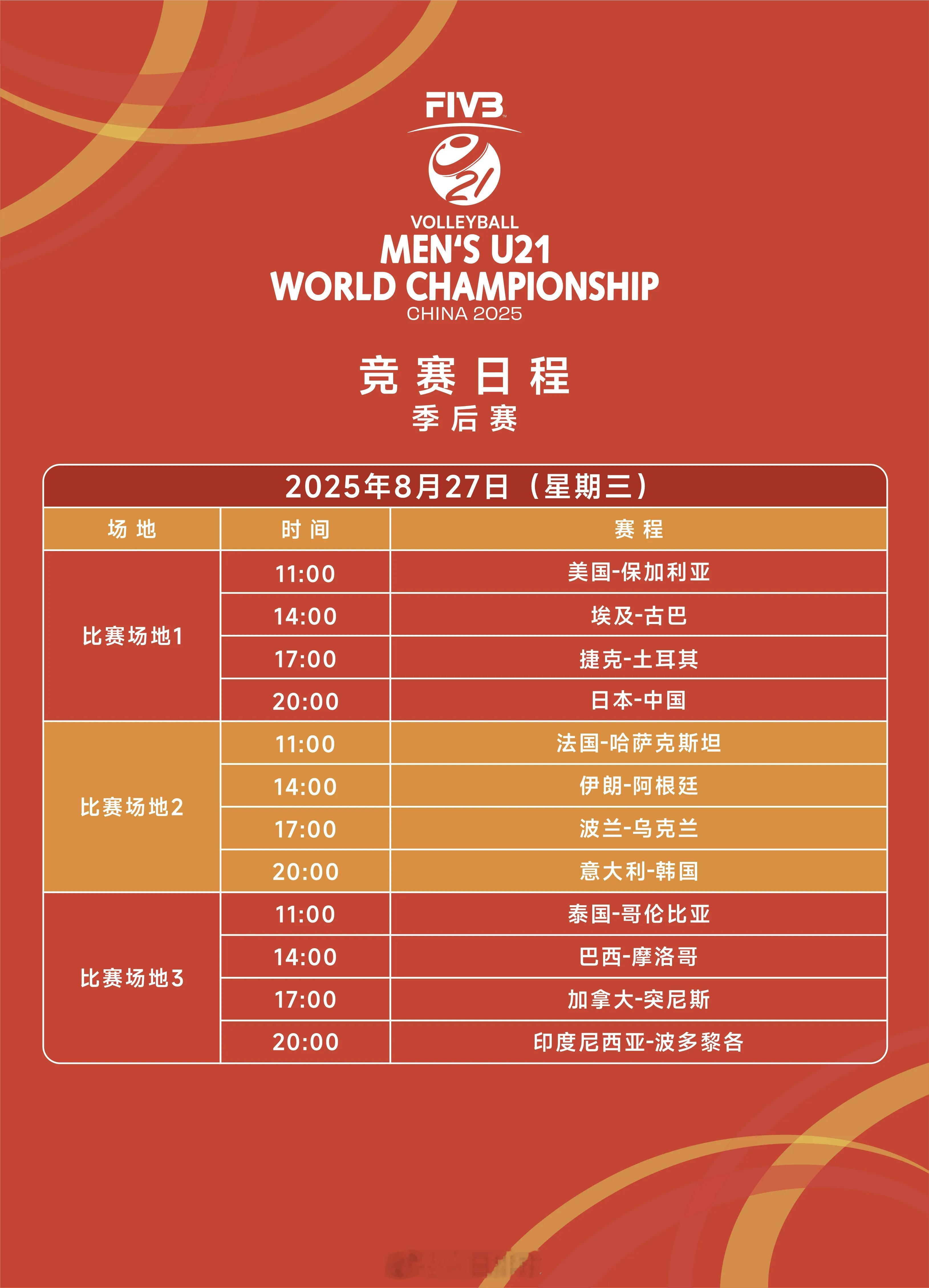 2025U21男排世锦赛 今天27日八分之一决赛等竞赛日程（北京时间）。 ​​​