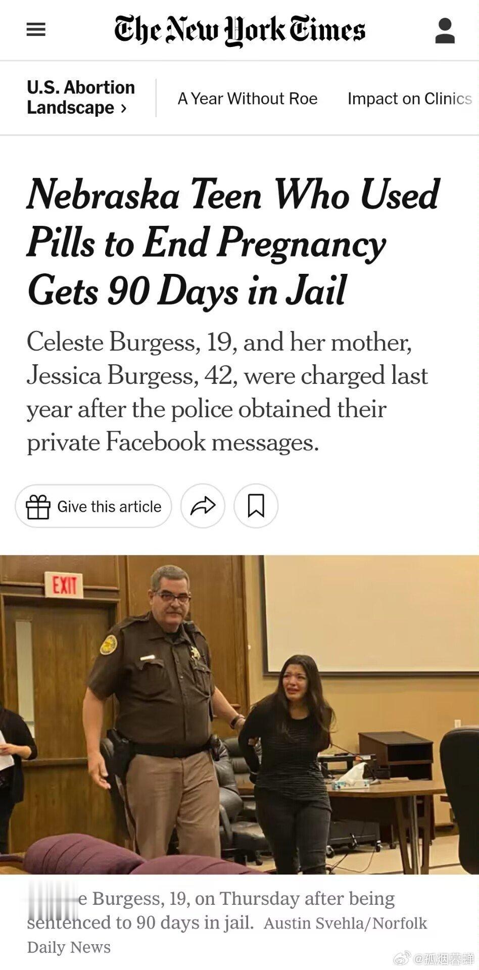 周四，美国内布拉斯加州一名使用堕胎药终止妊娠的17岁少女现在被判入狱90天，因为