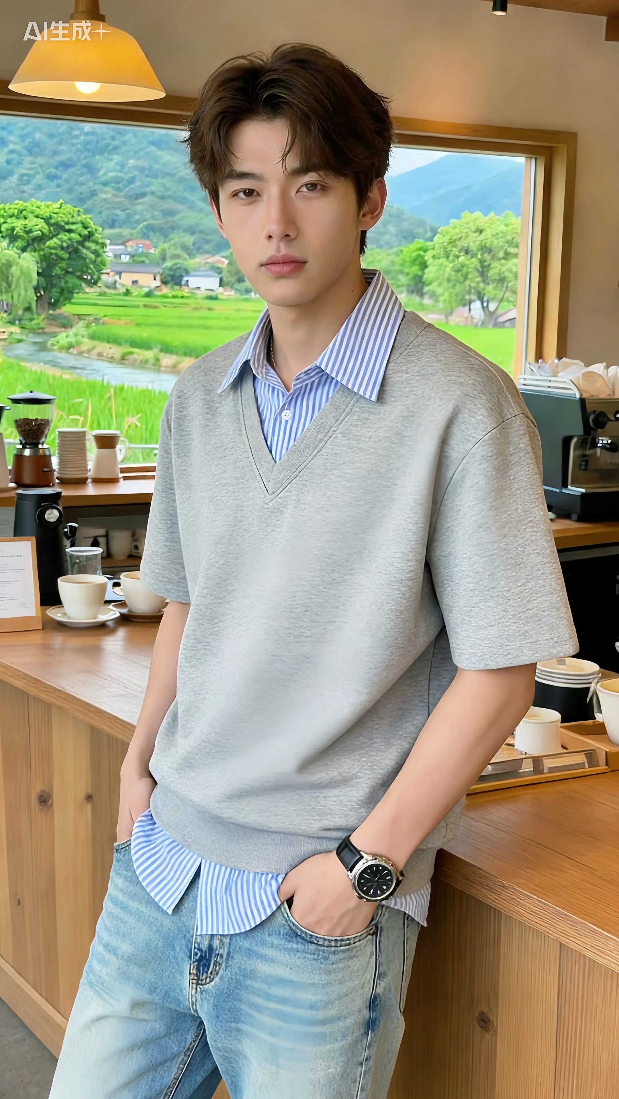 假两件短袖男夏季内搭美式复古重磅正肩t恤衬衫领polo衫